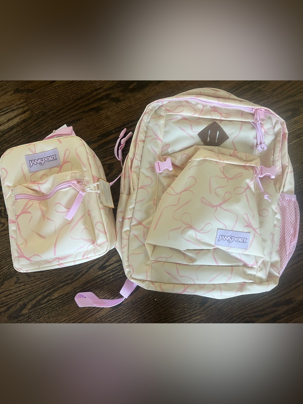 Jansport Cream Backpack with Pink Ribbon Print and Pouch